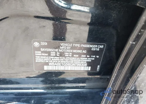 2016 BMW 320I from USA, damaged, VIN WBA8E1G56GNT99308